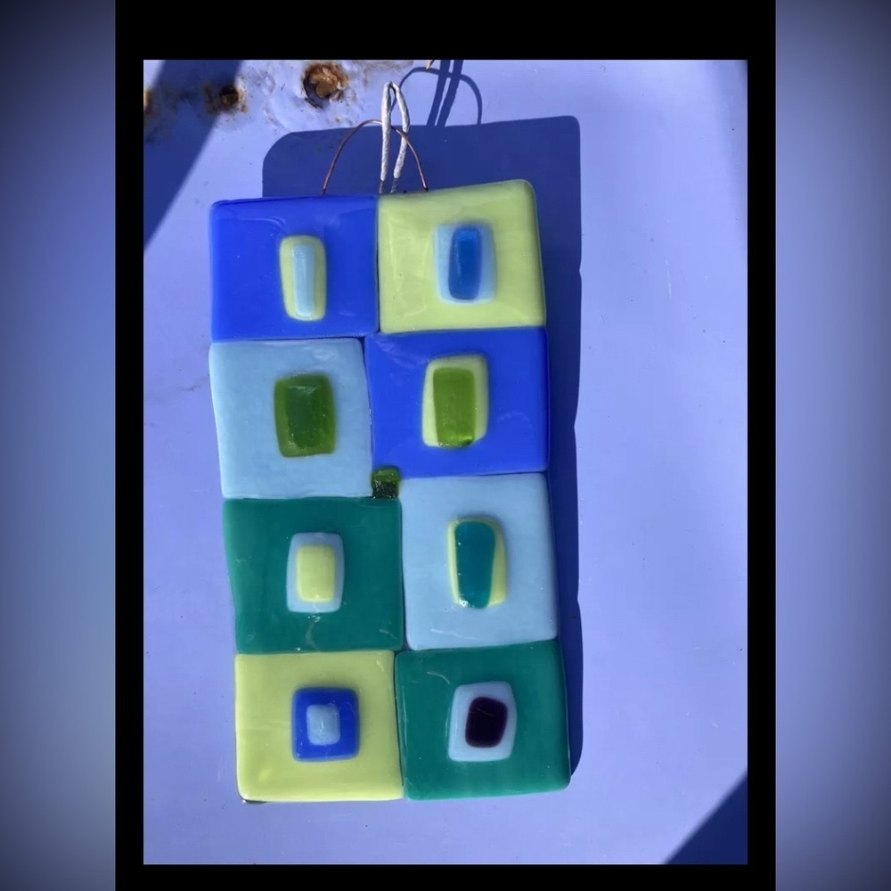 Blue ”Art Glass Hanging Plaque 9”x5” Original Handmade Art